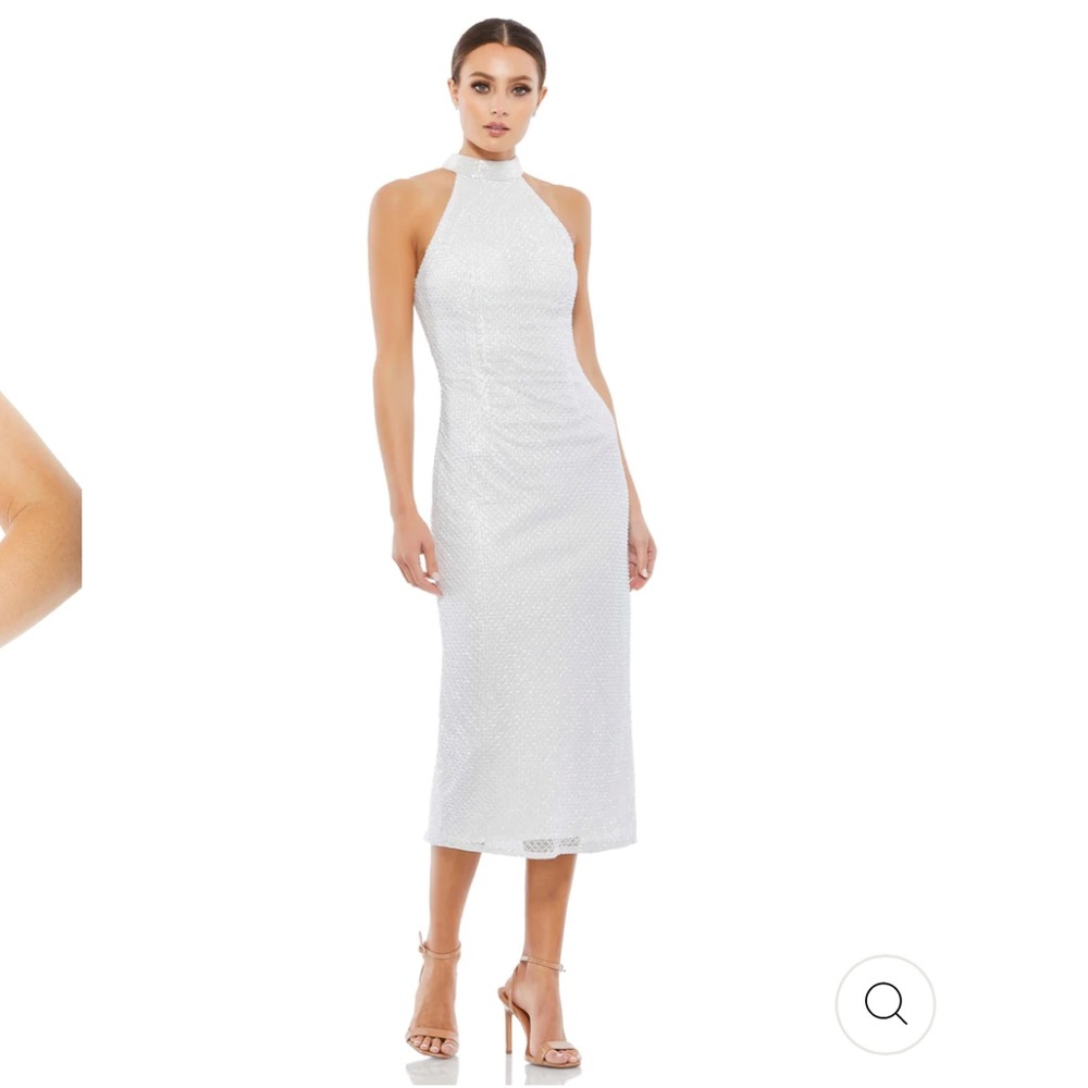MAC DUGGAL: WHITE BEADED HALTER NECK MIDI SHEATH DRESS *great for wedding*